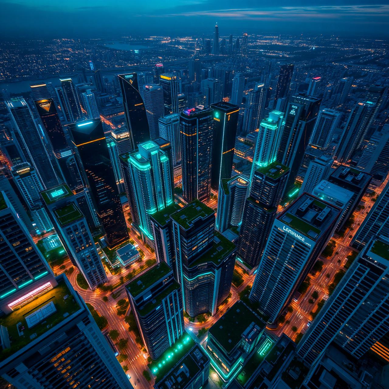 Aerial view of a Citiwerks smart city at dusk